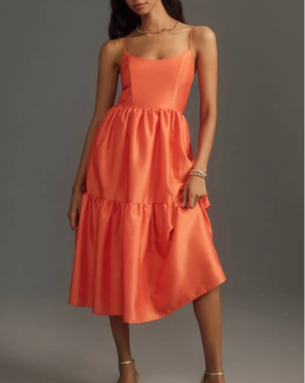 HUTCH Tommy Bare Sleeveless Tiered Midi Dress Anthropologie SMALL Coral Orange
